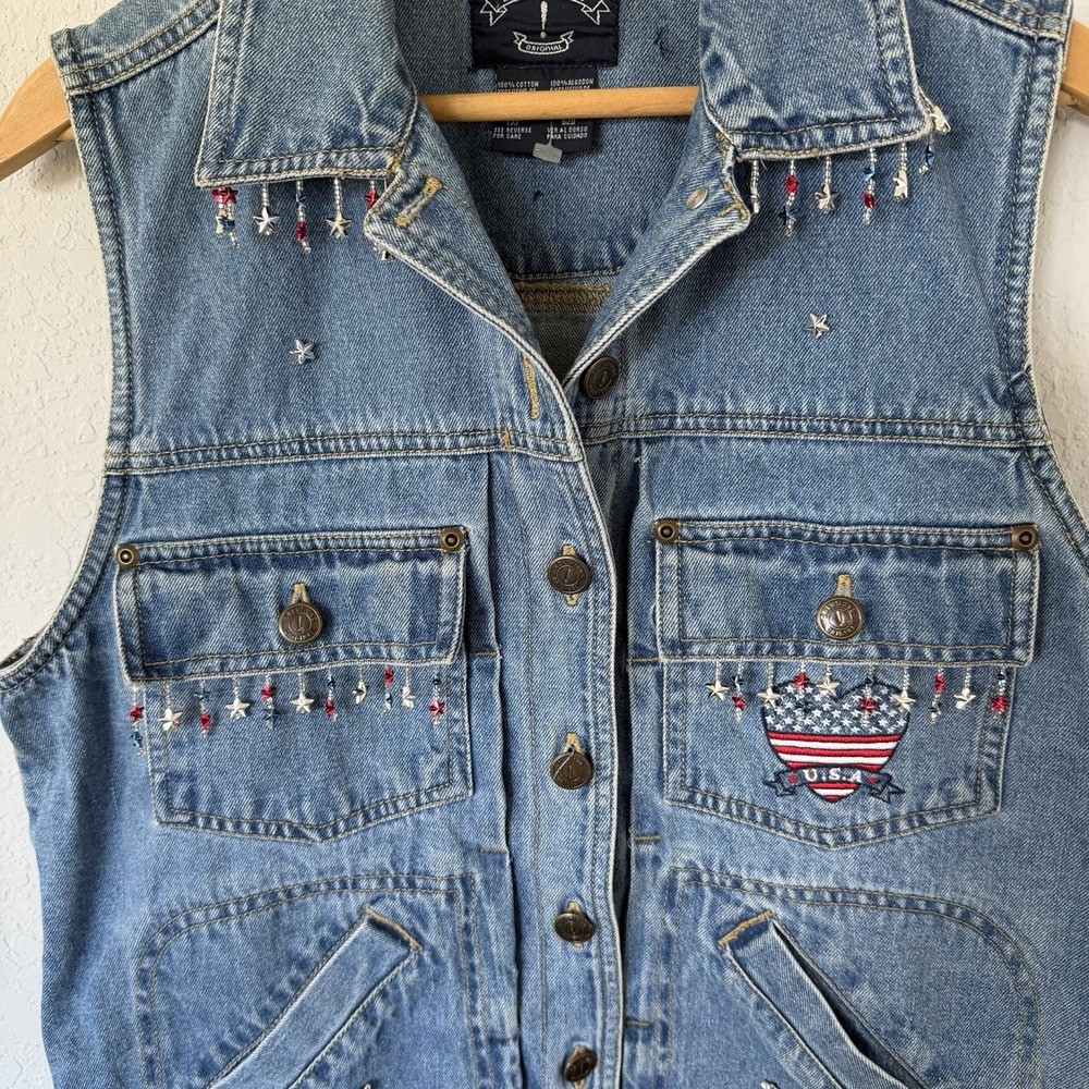 VTG 90s Solutions Denim Vest S Beaded Fringe Patriotic USA Flag Embroidered